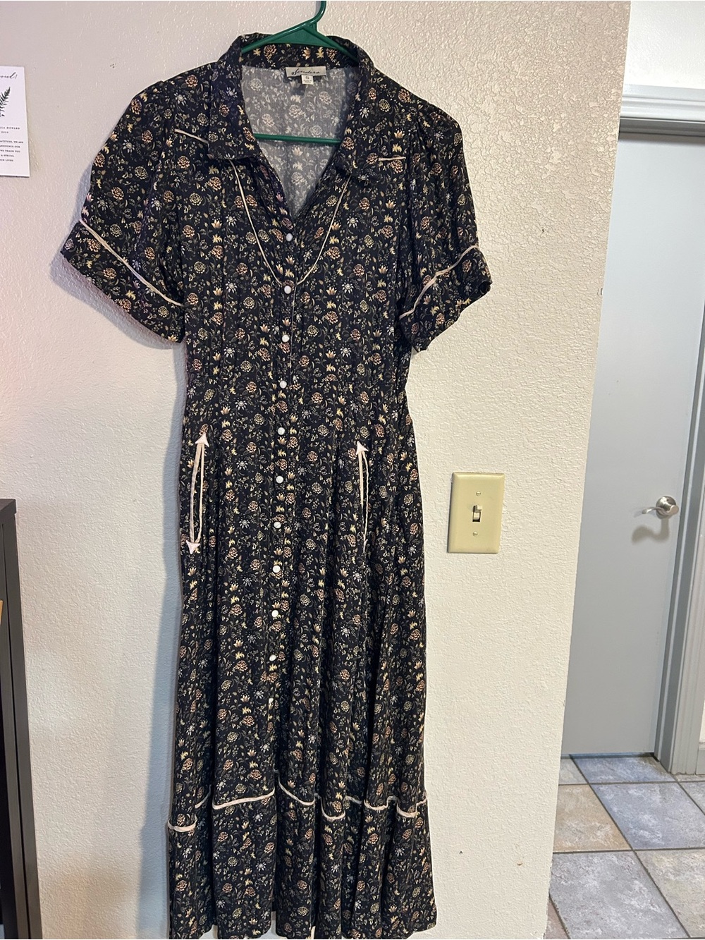 Navy Floral Button-Front Maxi Dress with Contrast Piping